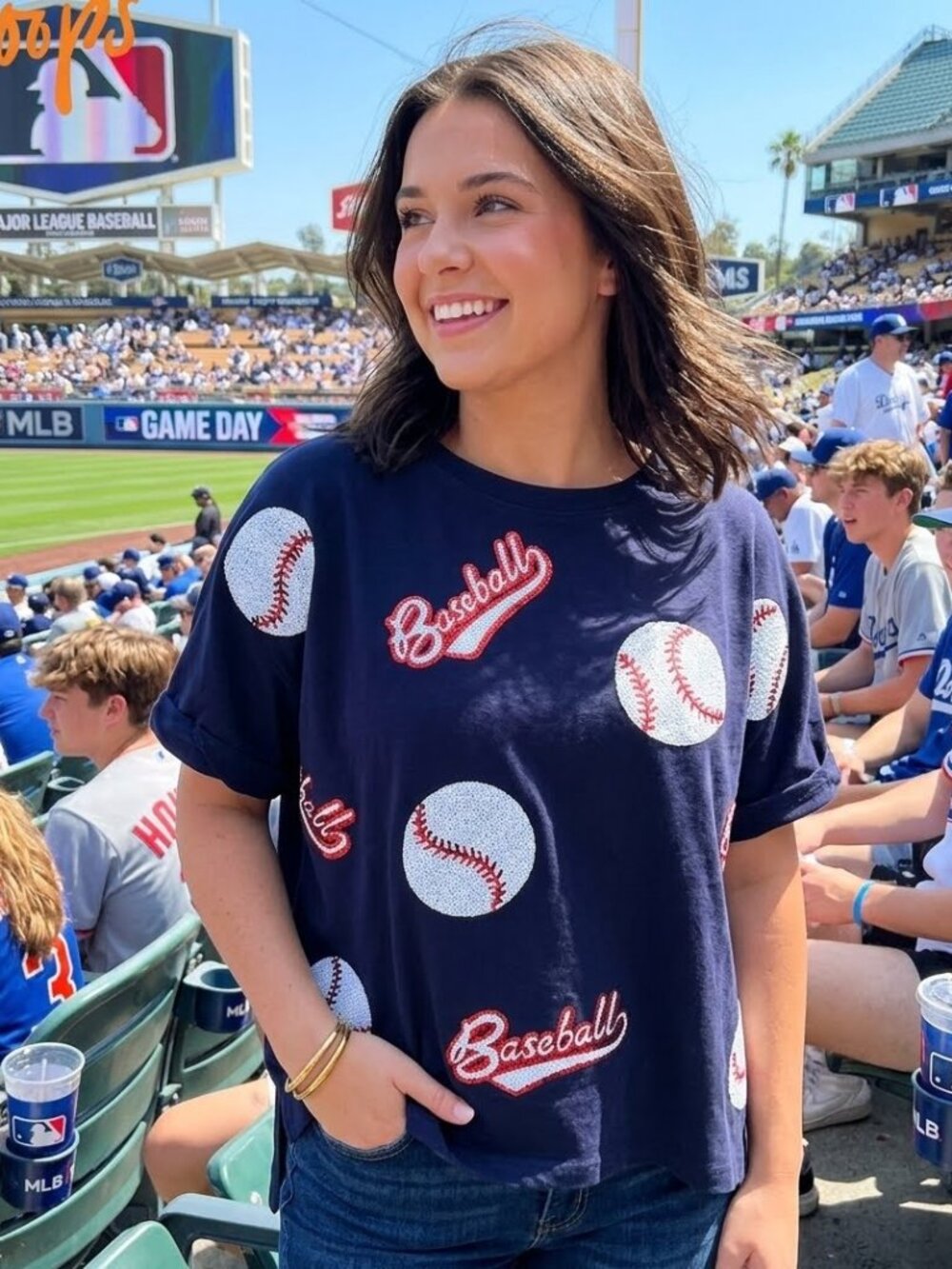 Sequin And Navy Baseball Graphic Tee